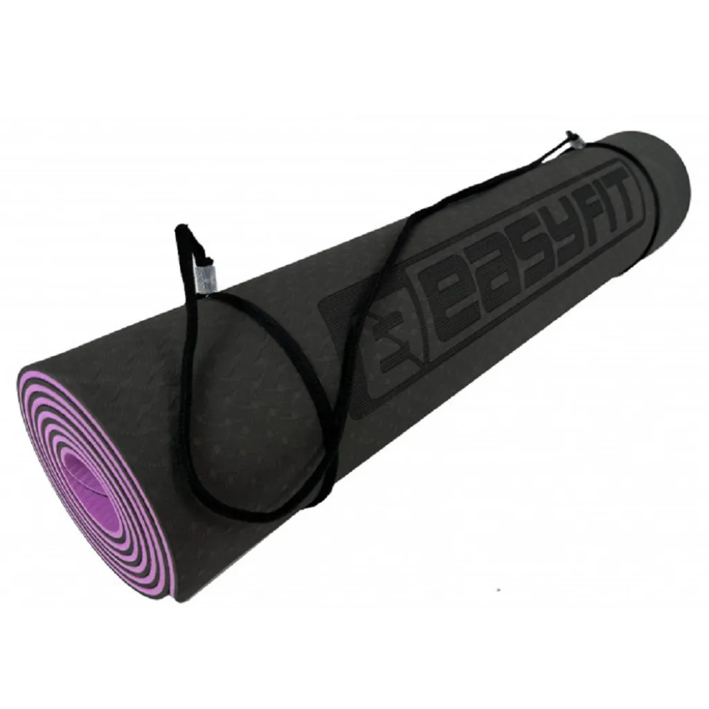 Коврик для йоги и фитнеса EasyFit TPE+TC 6мм двухслойный + Чехол черный с фиолетовым