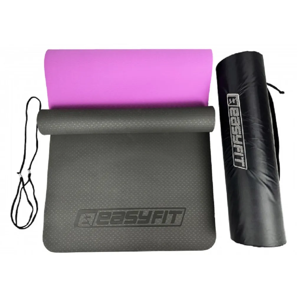 Коврик для йоги и фитнеса EasyFit TPE+TC 6мм двухслойный + Чехол черный с фиолетовым