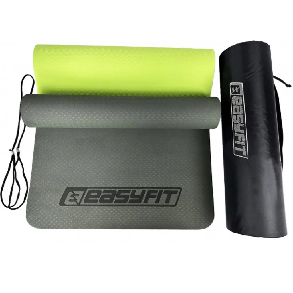 Коврик для йоги и фитнеса EasyFit TPE+TC 6мм двухслойный + Чехол черный с зеленым Коврик для йоги и фитнеса EasyFit TPE+TC 6мм двухслойный + Чехол черный с зеленым