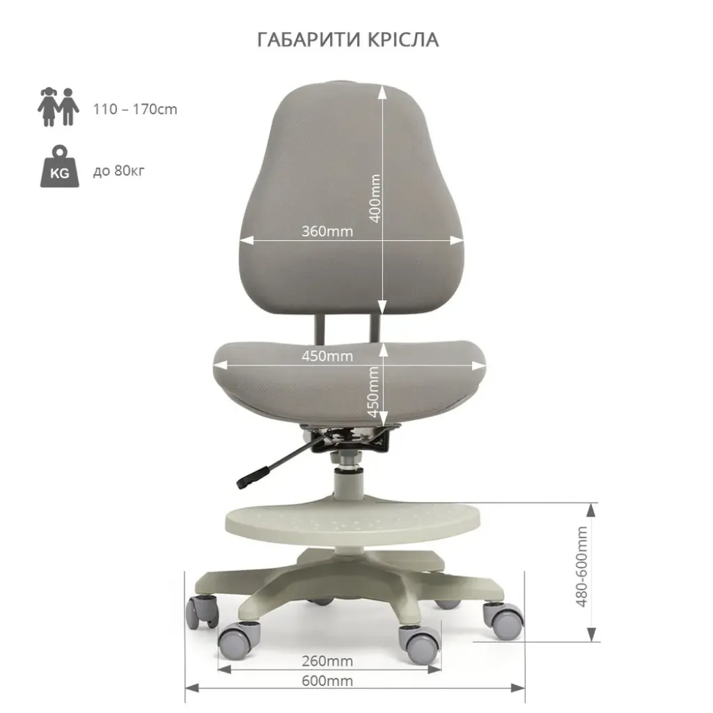 Ортопедичне дитяче крісло Cubby Paeonia Grey з підлокітниками Ортопедичне дитяче крісло Cubby Paeonia Grey з підлокітниками