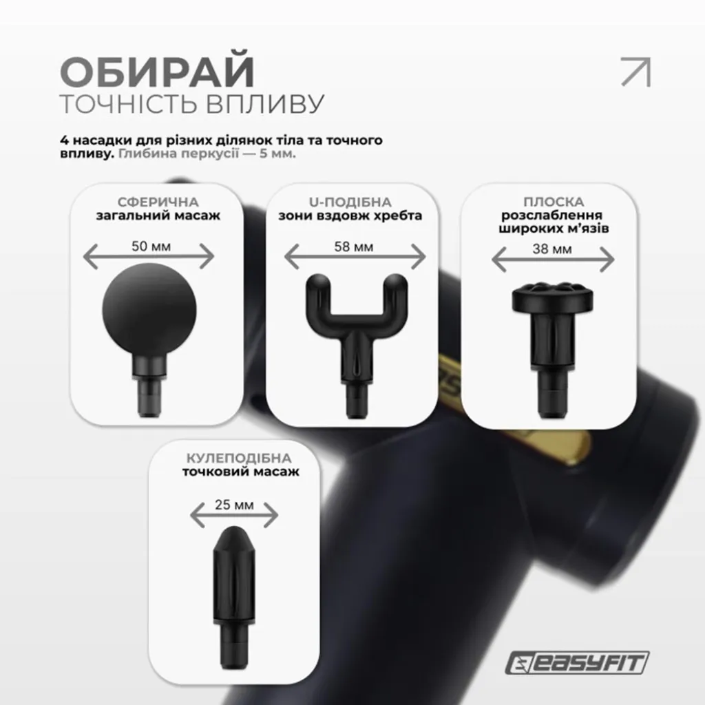 Перкусійний масажер для тіла EasyFit Pulse Mini EF-2070, 4 насадки Перкусійний масажер для тіла EasyFit Pulse Mini EF-2070, 4 насадки