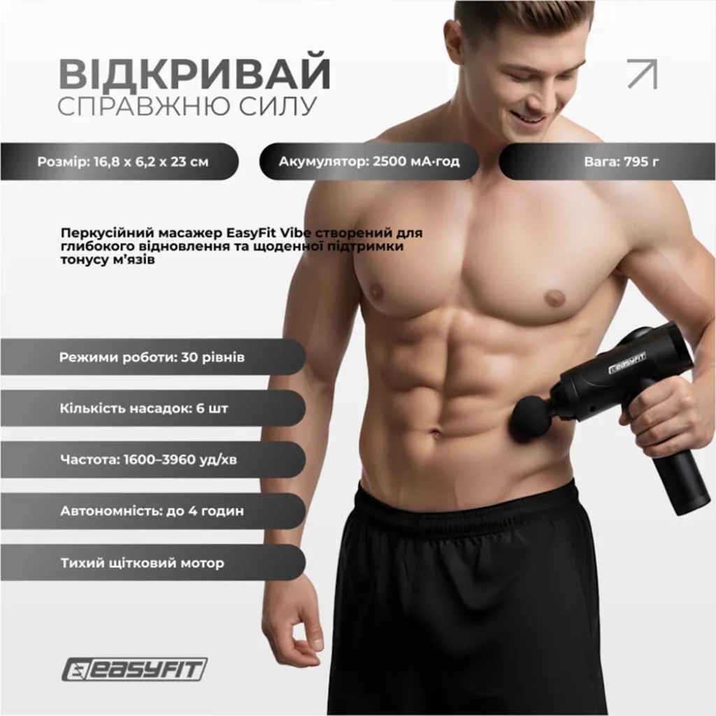 Перкуссионный массажер для спины EasyFit Vibe EF-2072, 6 насадок Перкуссионный массажер для спины EasyFit Vibe EF-2072, 6 насадок