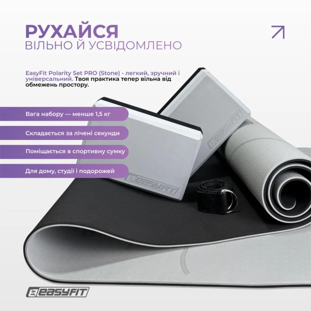 Набір для йоги та фітнесу EasyFit Polarity Set PRO EF-2421s-GYBK: килимок, два блоки, сірий
