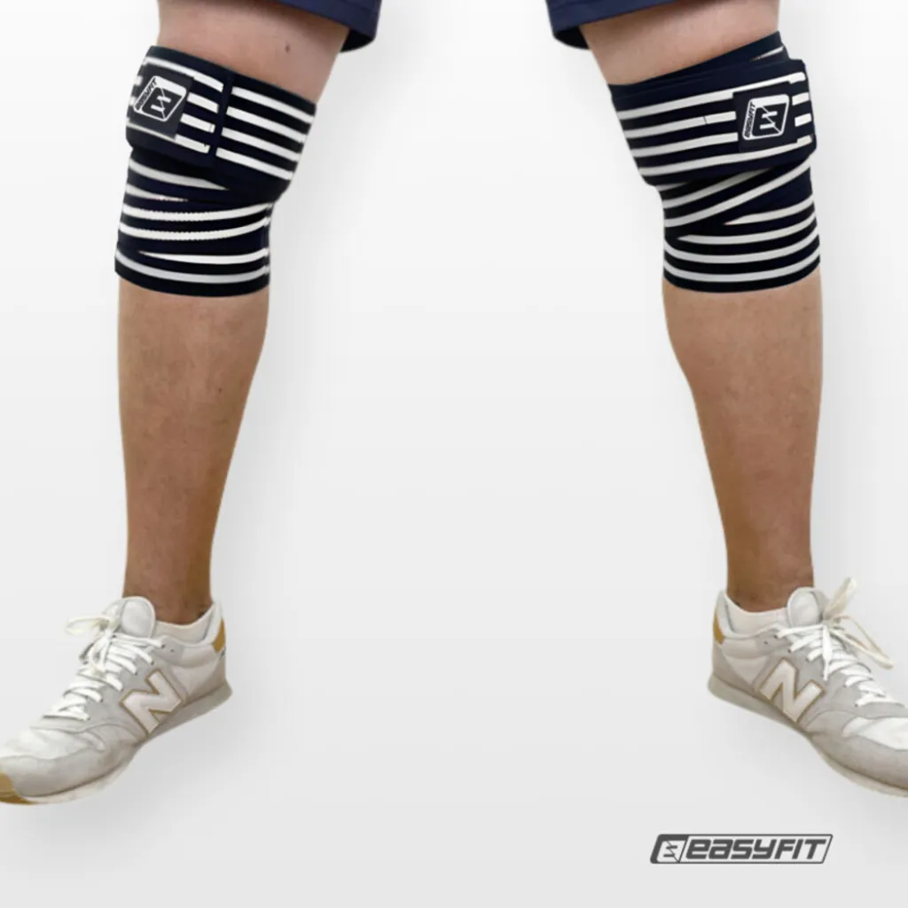 Бинт для присідань EasyFit фіксатор колінного суглоба, чорно-білий Бинт для присідань EasyFit фіксатор колінного суглоба, чорно-білий