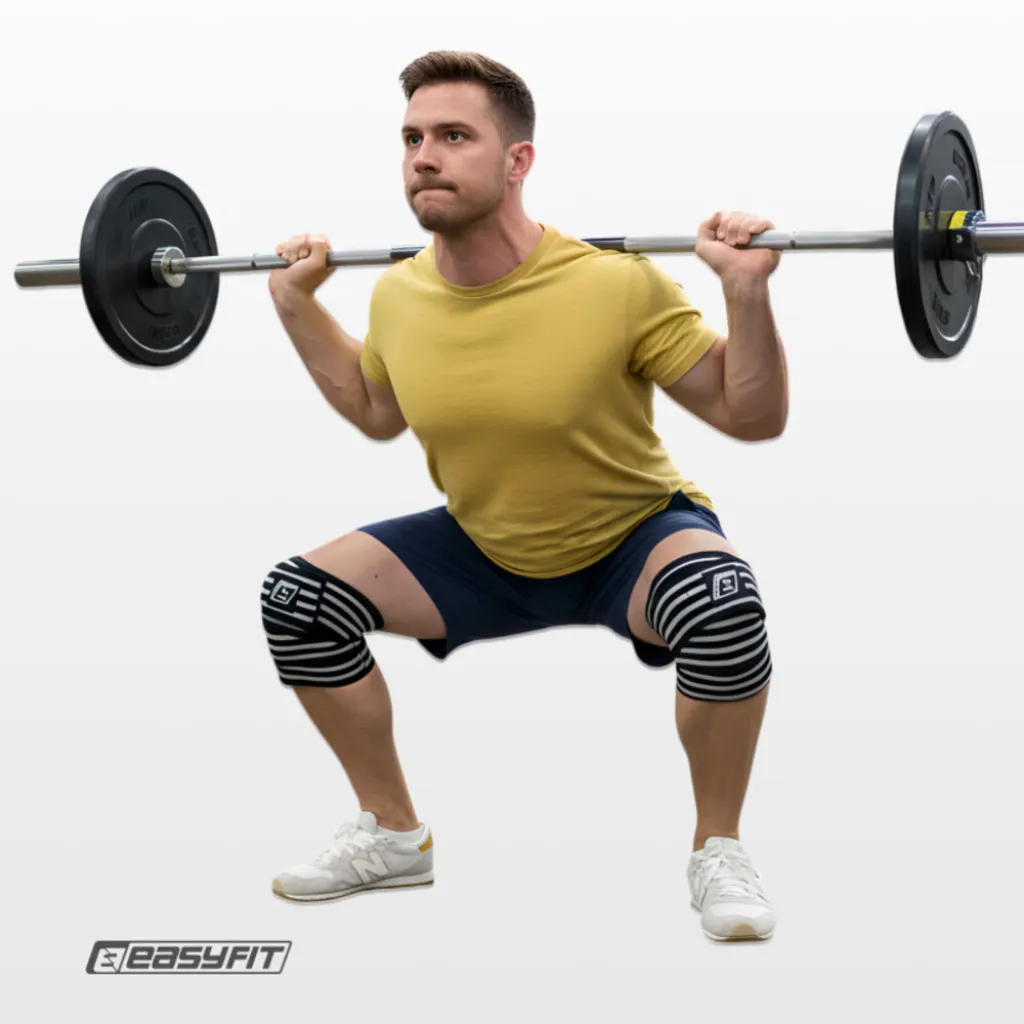 Бинт для присідань EasyFit фіксатор колінного суглоба, чорно-білий Бинт для присідань EasyFit фіксатор колінного суглоба, чорно-білий