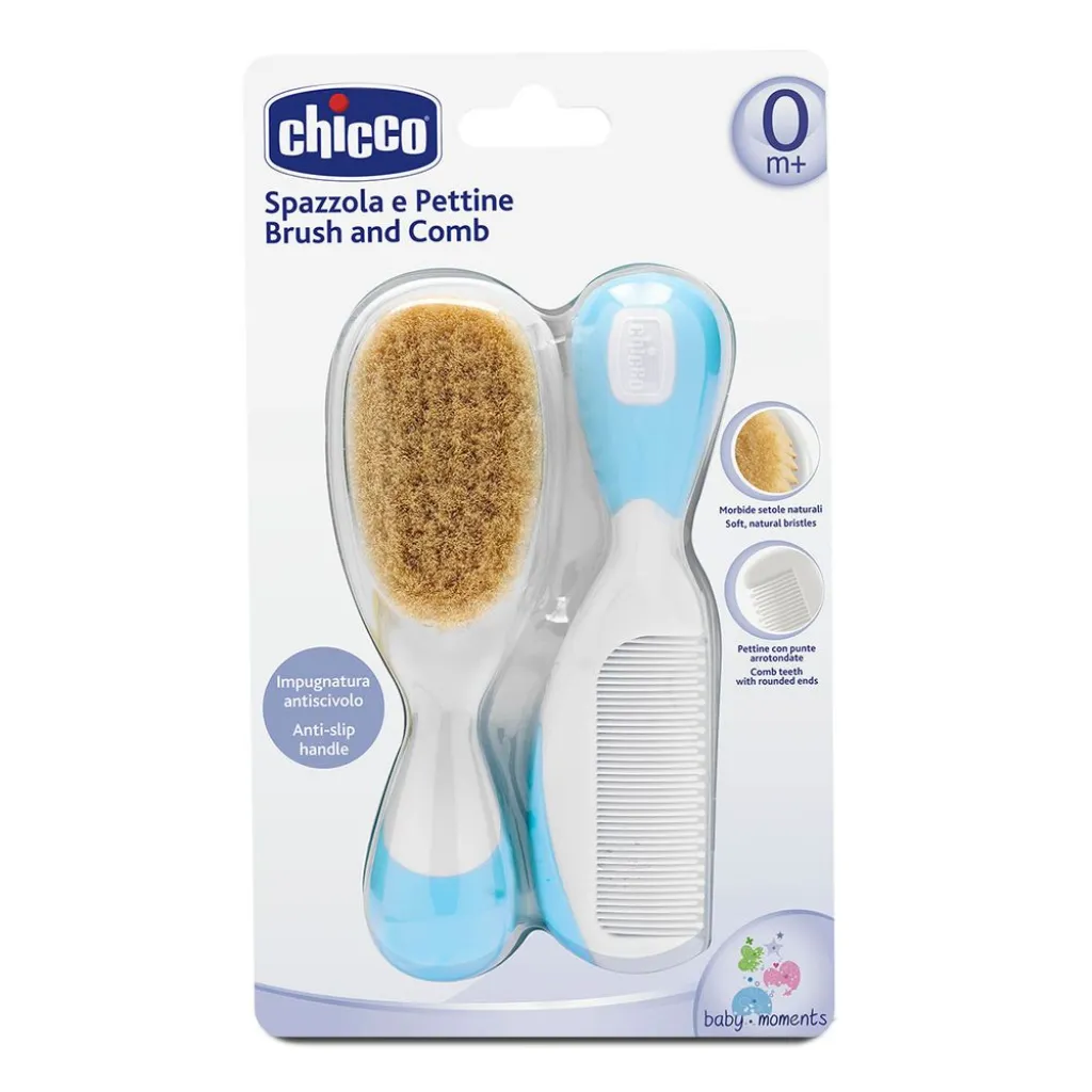 Набор щетка натуральная + расческа Chicco, голубая Набор щетка натуральная + расческа Chicco, голубая
