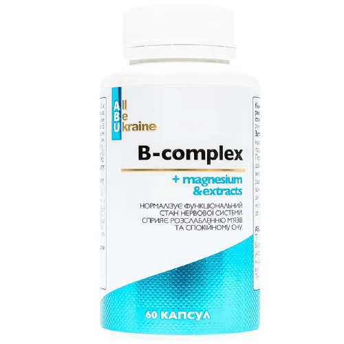Комплекс вітамінів групи B із магнієм B-complex+magnesium ABU, 60 капсул - Фото№1 Комплекс вітамінів групи B із магнієм B-complex+magnesium ABU, 60 капсул - Фото№1