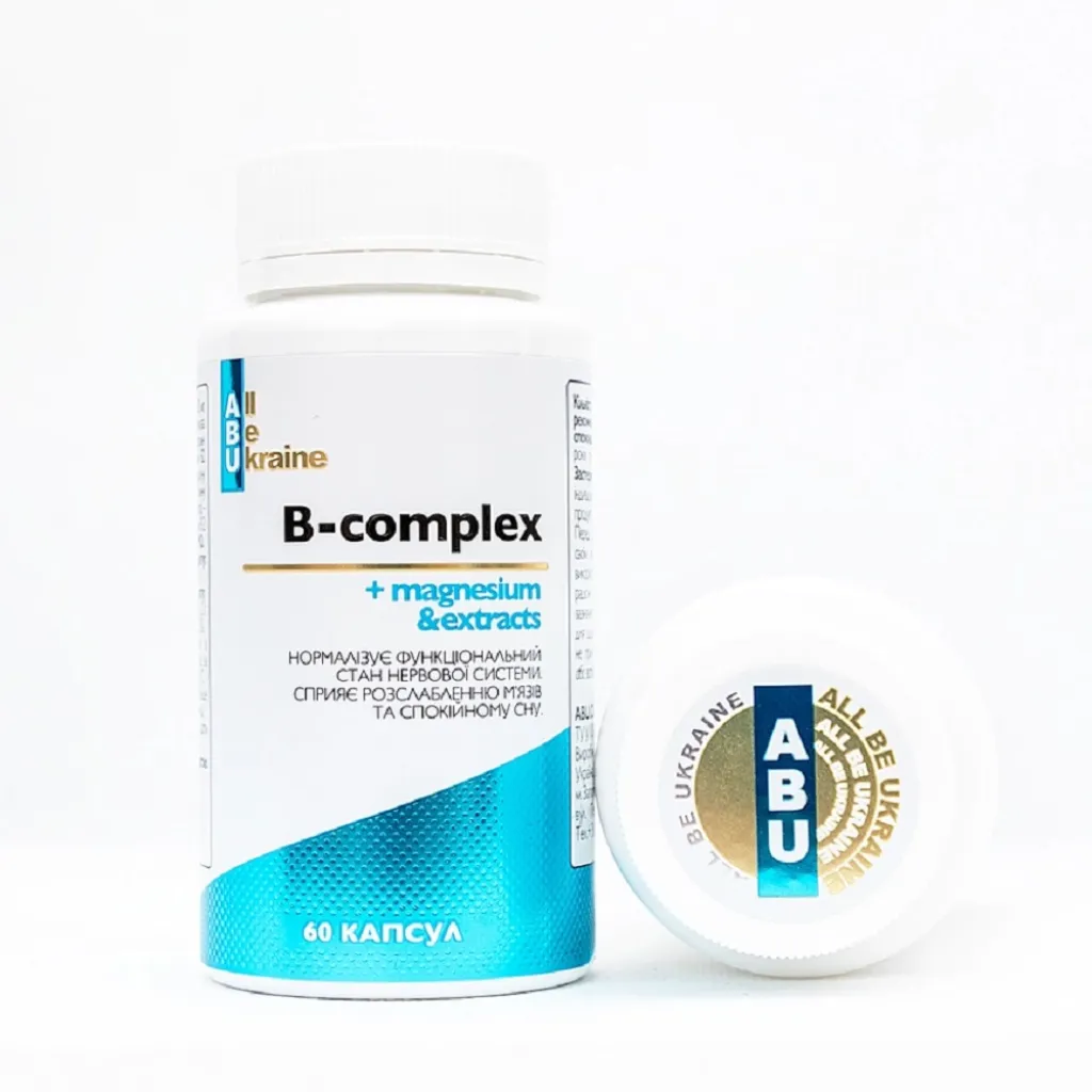 Комплекс вітамінів групи B із магнієм B-complex+magnesium ABU, 60 капсул Комплекс вітамінів групи B із магнієм B-complex+magnesium ABU, 60 капсул