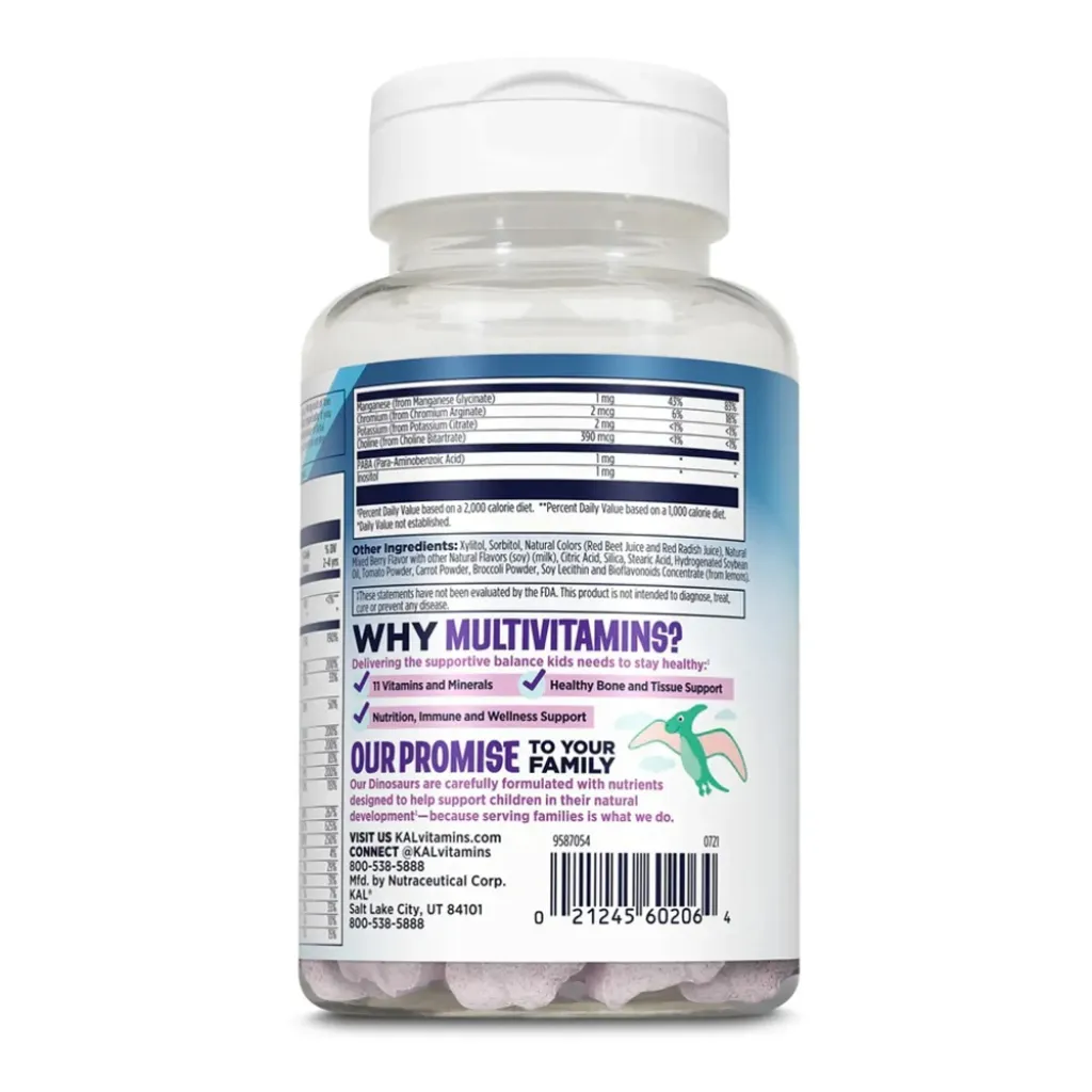 Мультивітаміни з мікроелементами для дітей KAL MultiSaurus Berry Grape Orange, 90 жувальних таблеток
