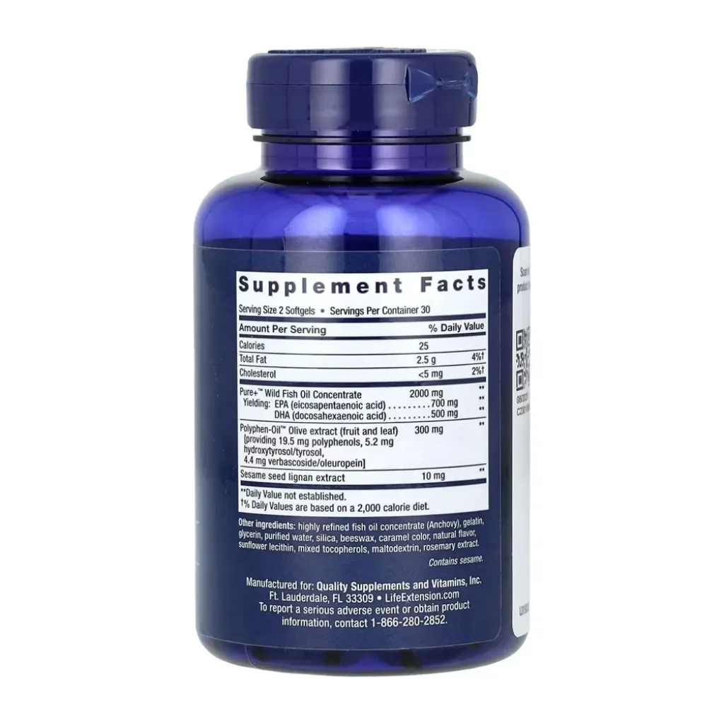 Омега Life Extension Super Omega-3 EPA/DHA Fish Oil Sesame Lignans & Olive Extract, 60 капсул