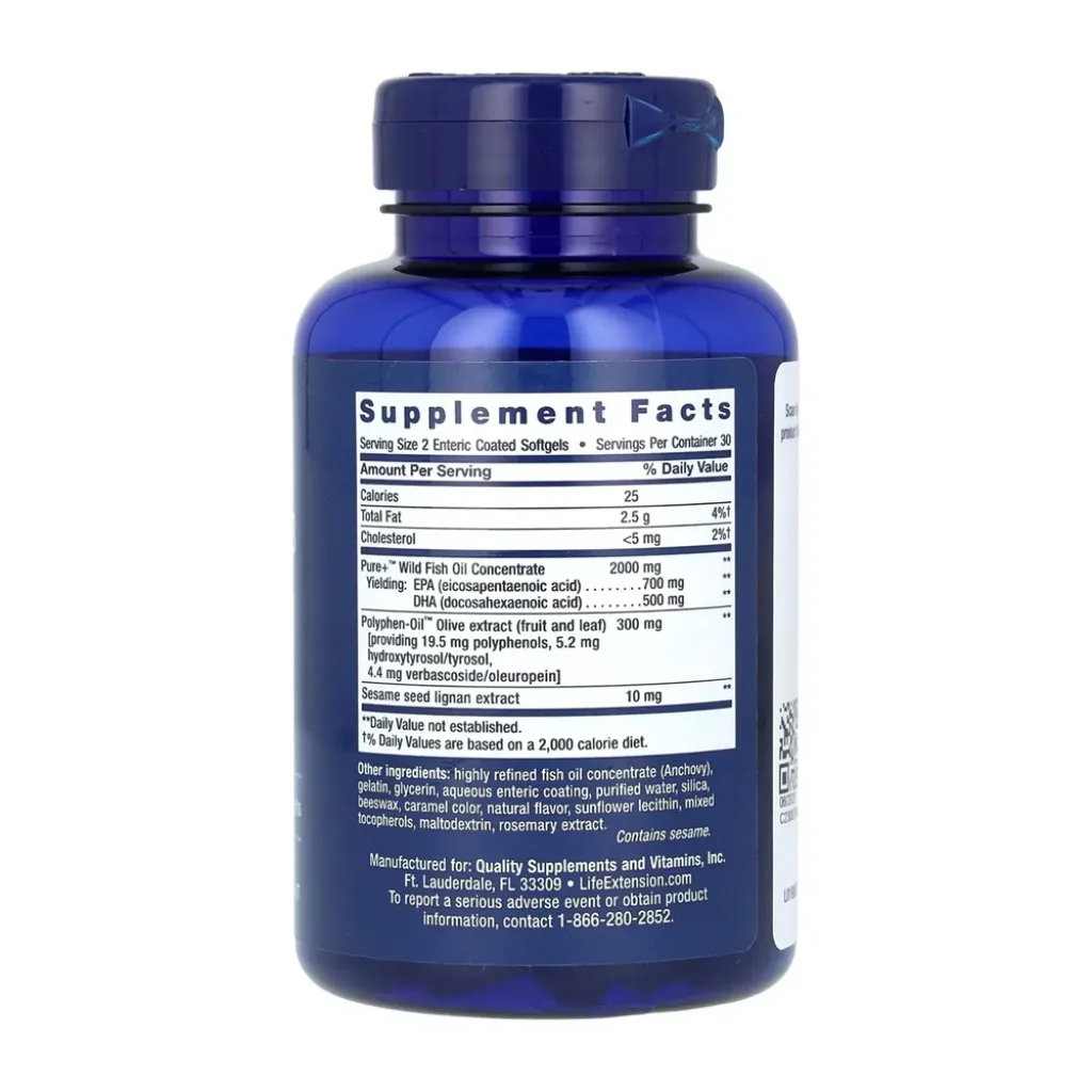 Омега Super Omega-3 EPA/DHA Fish Oil Sesame Lignans & Olive Extract Enteric Coated, 60 капсул
