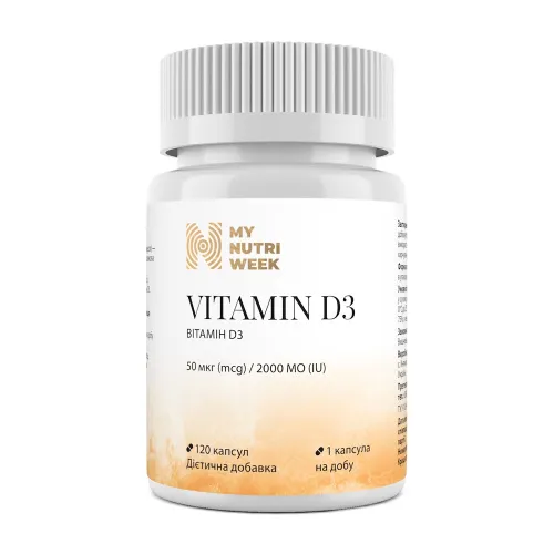 Витамин D3, Vitamin D3, My Nutri Week, 50 мкг (2000 МЕ), 120 капсул - Фото№1 Витамин D3, Vitamin D3, My Nutri Week, 50 мкг (2000 МЕ), 120 капсул - Фото№1