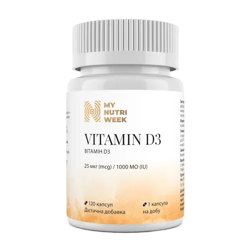 Вітамін D3, Vitamin D3, My Nutri Week, 25 мкг (1000 МО), 120 капсул - Фото№1 Вітамін D3, Vitamin D3, My Nutri Week, 25 мкг (1000 МО), 120 капсул - Фото№1