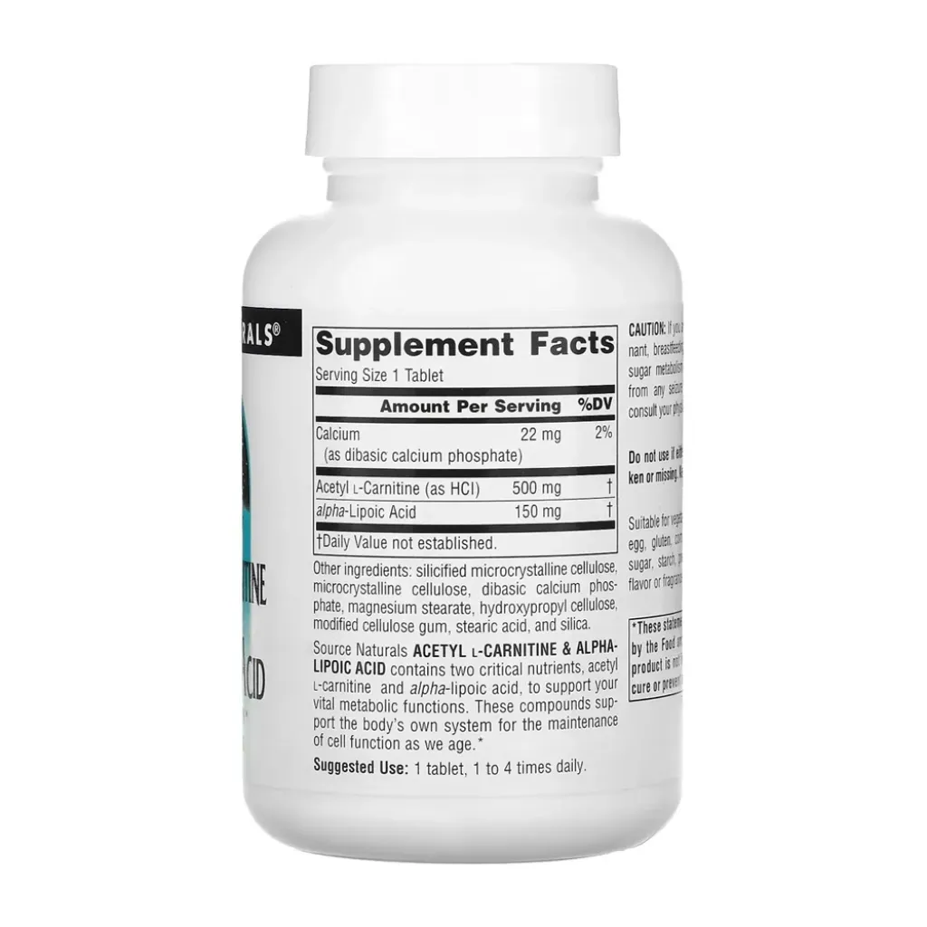 Аминокислоты Source Naturals Acetyl L-Carnitine & Alpha-Lipoic Acid 650mg, 60 таблеток