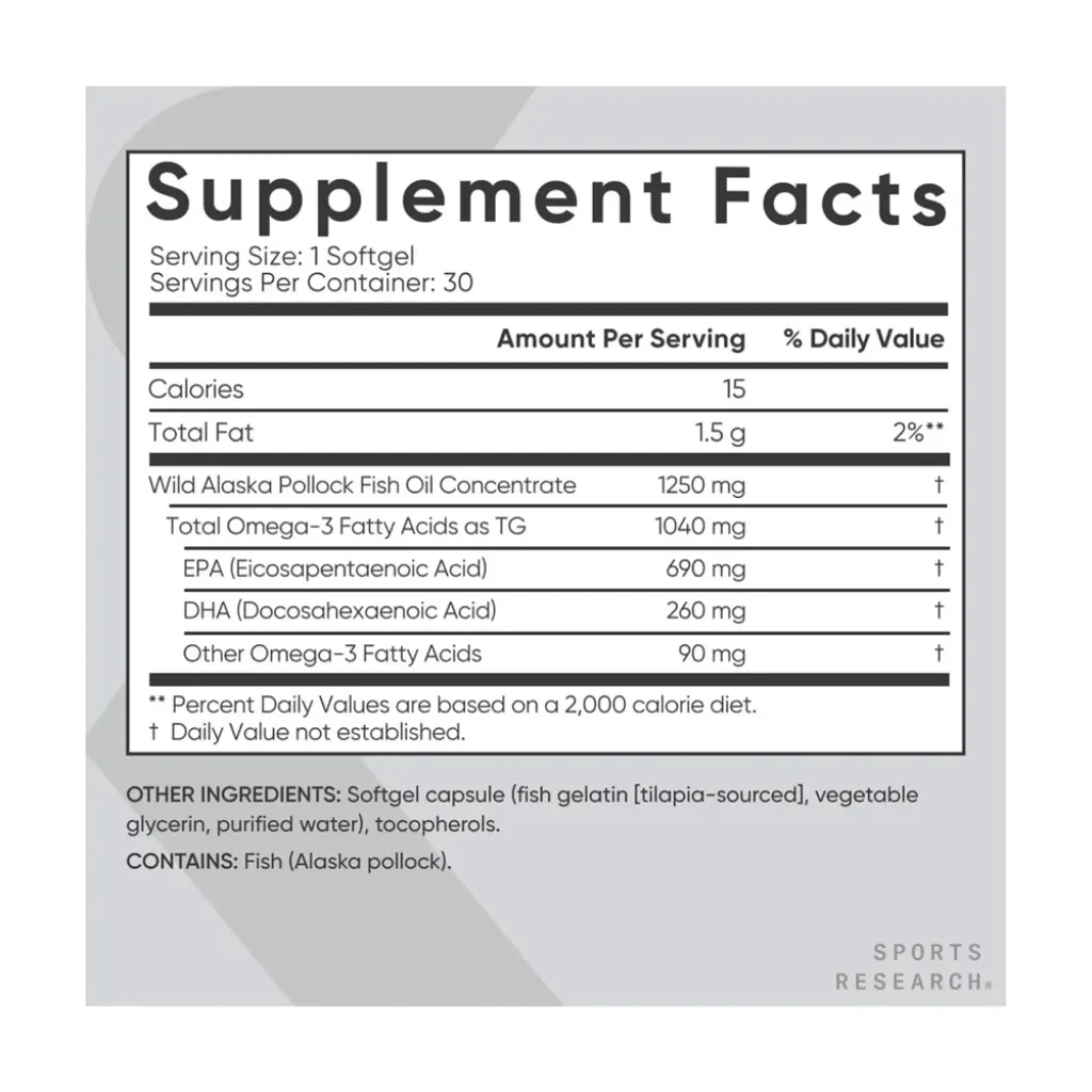 Омега 3 Sports Research Omega-3 Fish Oil Alaska Pollock 1250mg, 30 капсул