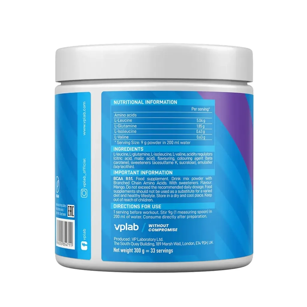 Диетическая добавка BCAA 8:1:1 Mango VPLab, 300 г Диетическая добавка BCAA 8:1:1 Mango VPLab, 300 г