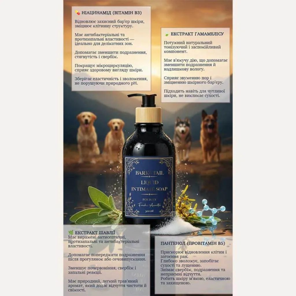 Жидкое мыло-рефиллер для интимных зон собак-мальчиков Bark Tail-Intimate liquid paw soap for boys, 500 мл