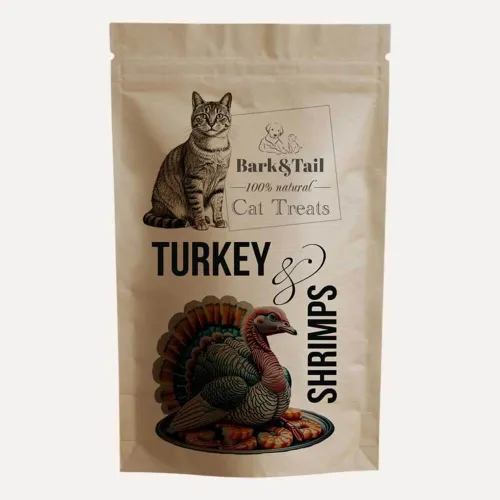 Натуральное лакомство для кошек индейка и креветка Bark Tail - Cat Treats Turkey Shrimps, 50 г - Фото№1 Натуральное лакомство для кошек индейка и креветка Bark Tail - Cat Treats Turkey Shrimps, 50 г - Фото№1