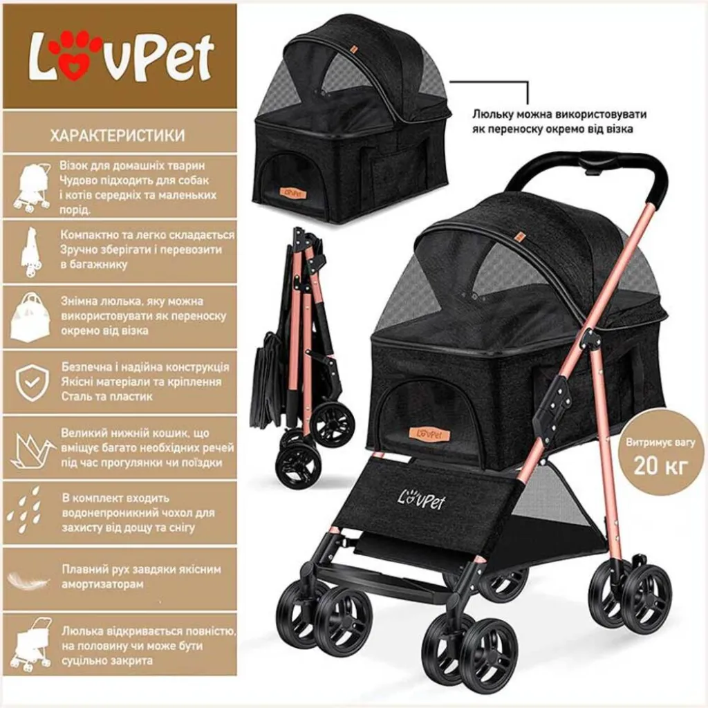 Коляска для прогулок для собак LovPet Pet Buggy 2in1, черный