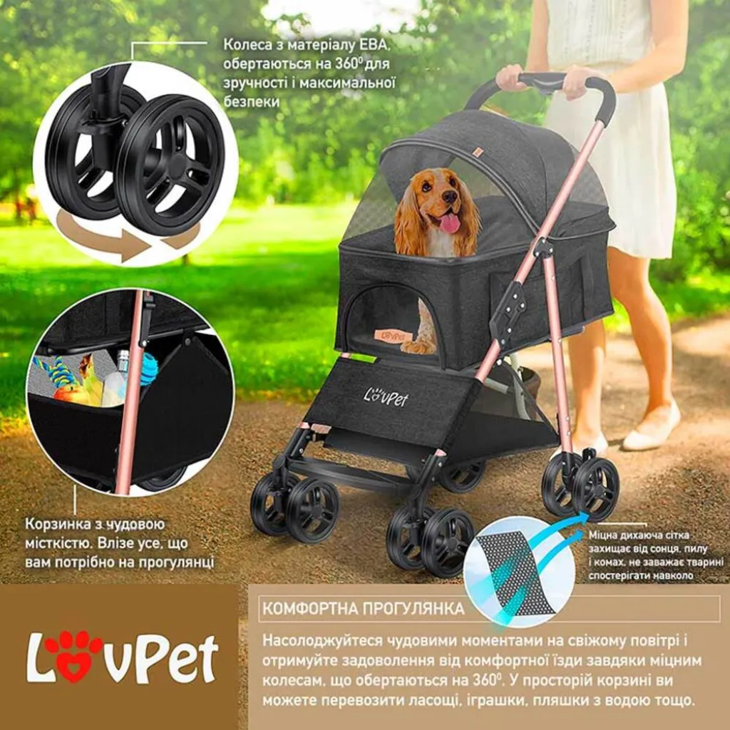Коляска для прогулок для собак LovPet Pet Buggy 2in1, черный