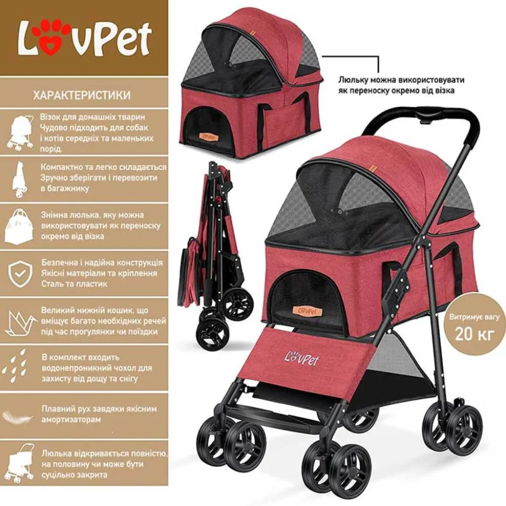 Коляска для прогулок для собак LovPet Pet Buggy 2in1, бордо