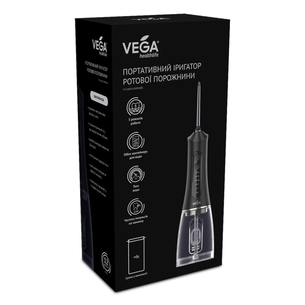 Ирригатор ротовой полости Vega VT-1500 В портативный, черный Ирригатор ротовой полости Vega VT-1500 В портативный, черный