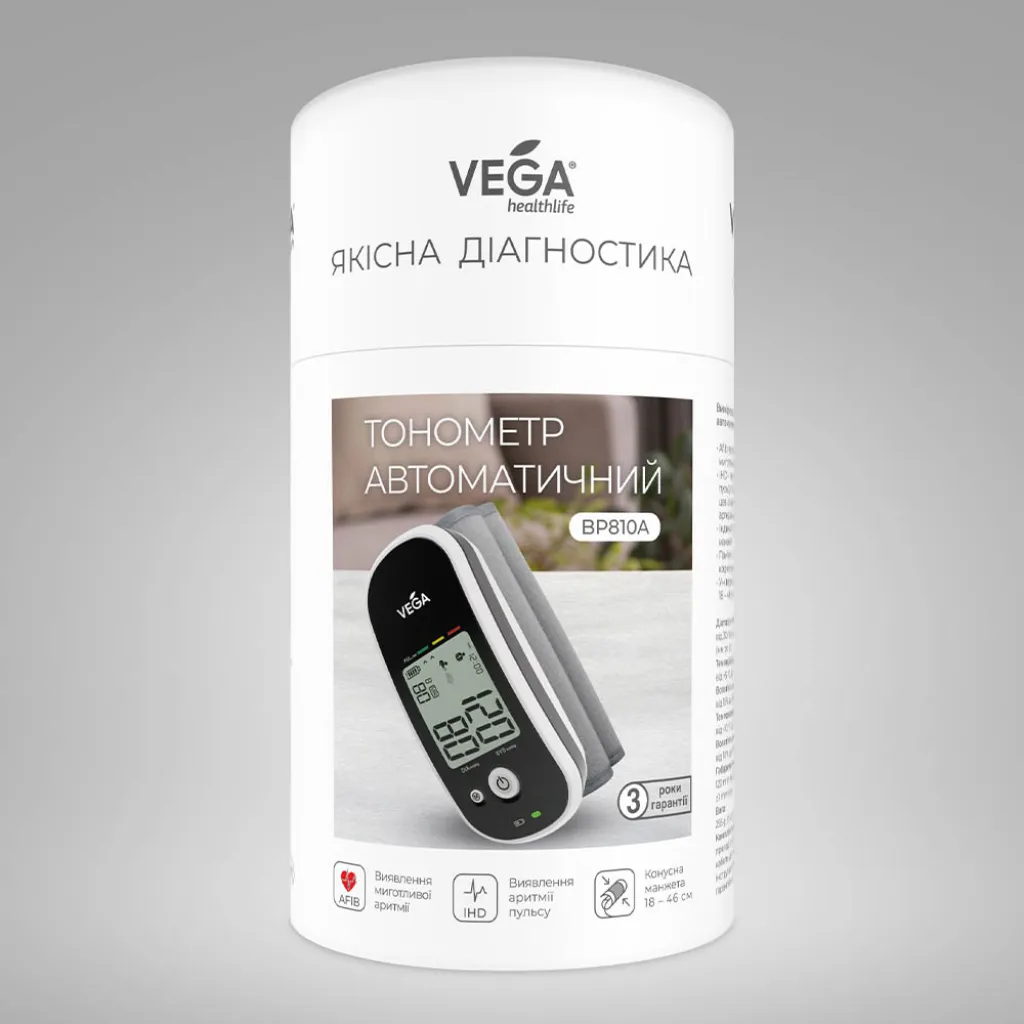 Автоматический тонометр на манжете VEGA 810A с технологией Afib Автоматический тонометр на манжете VEGA 810A с технологией Afib