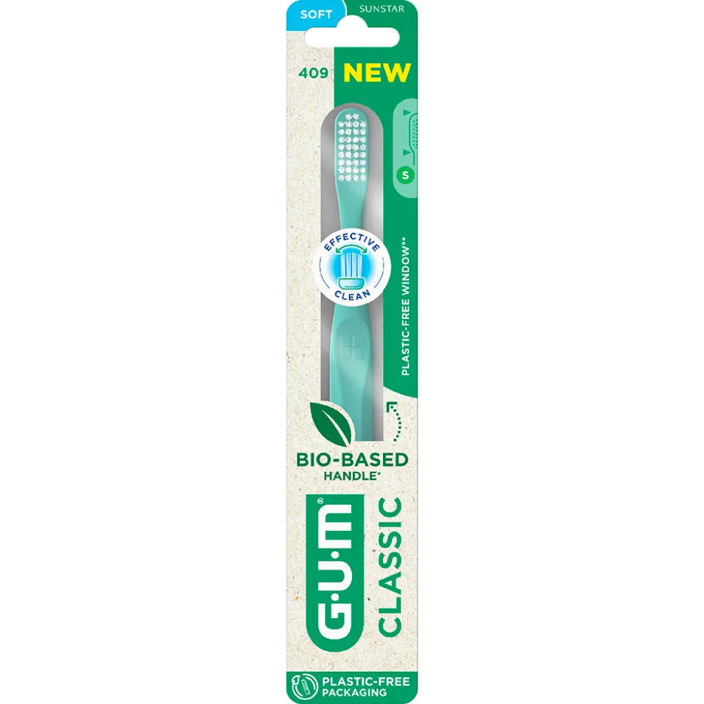Зубна щітка GUM CLASSIC Bio-Based Handle 409BTM2, компактна м'яка Зубна щітка GUM CLASSIC Bio-Based Handle 409BTM2, компактна м'яка