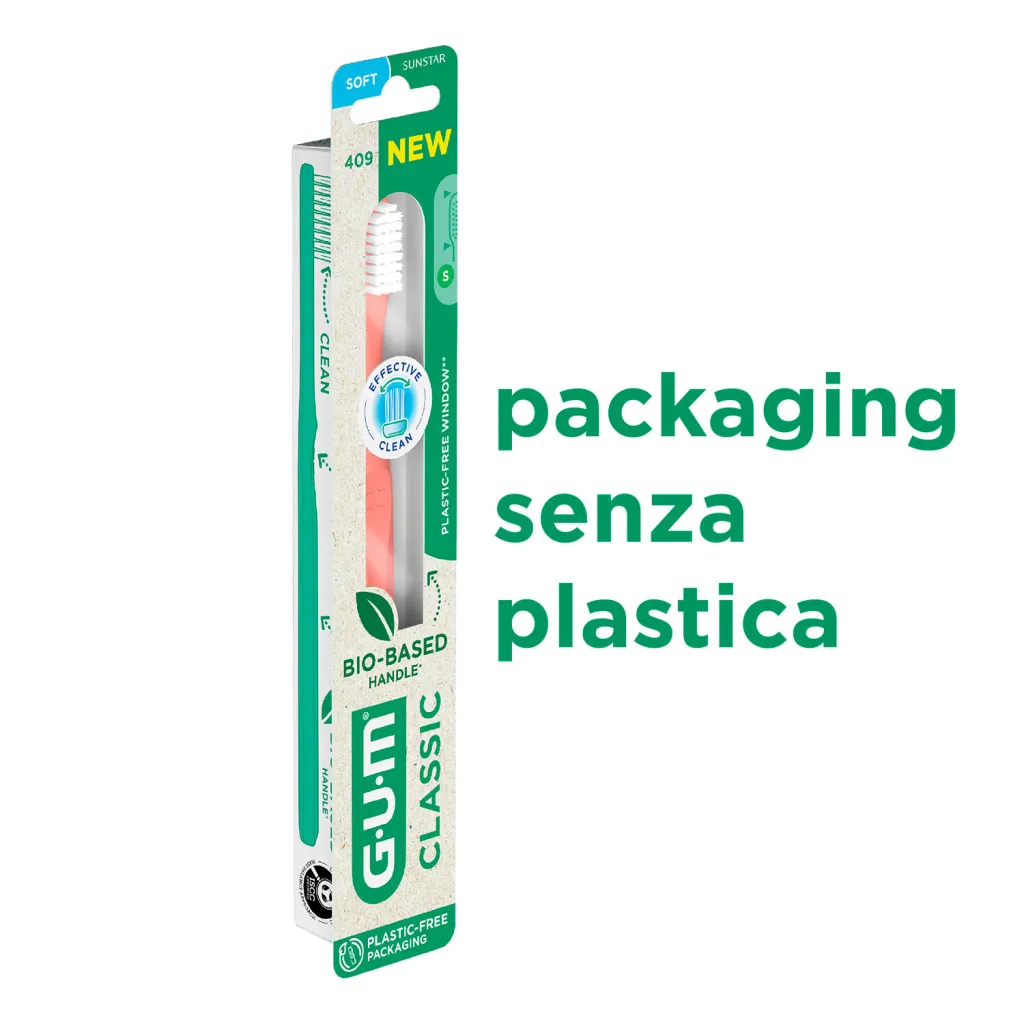 Зубна щітка GUM CLASSIC Bio-Based Handle 409BTM2, компактна м'яка Зубна щітка GUM CLASSIC Bio-Based Handle 409BTM2, компактна м'яка