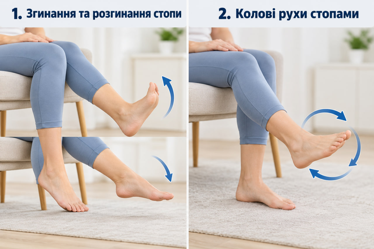 Упражнения для стоп: сгибание и разгибание стопы и круговые движения стопой сидя на стуле.