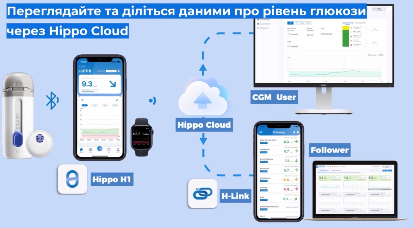 Схема системы мониторинга глюкозы Hippo Cloud с передачей данных от датчика к приложениям Hippo H1 и H-Link.