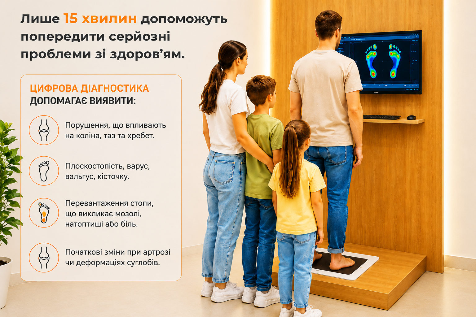 Семья проходит цифровую диагностику стоп на современном сканере в ортопедическом салоне ORTOSMART.