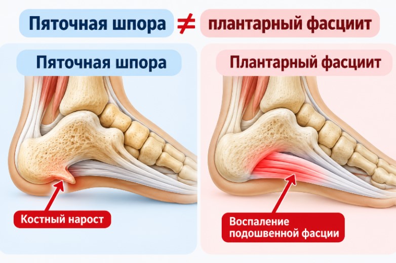Пяточная шпора и плантарный фасциит: отличие костного нароста от перегрузки подошвенной фасции.
